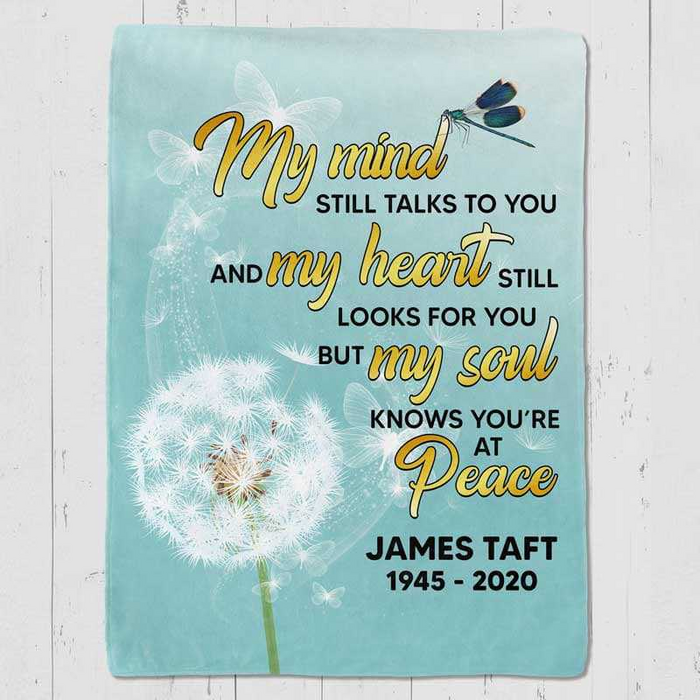 Personalized Memorial Blanket For Family In Heaven My Mind Still Talks To You Dandelion & Dragonfly Printed Custom Name