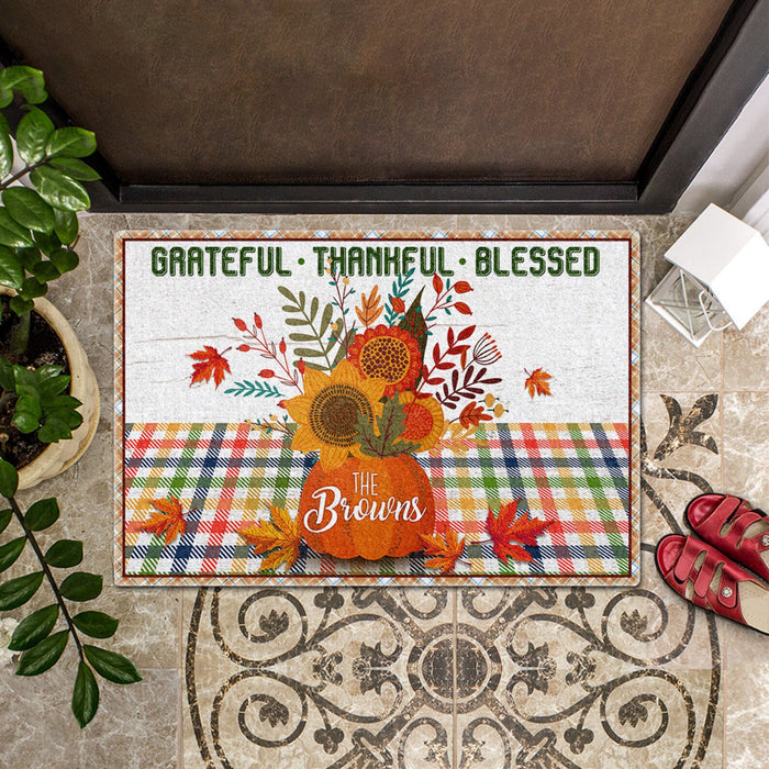 Personalized Welcome Doormat Grateful Thankful Blessed Jar Of Flower Plaid Design Custom Family Name