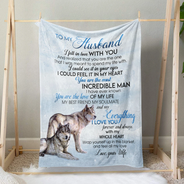 Personalized Blue Fleece Blanket To My Husband From Wife Romantic Wolf Couple Sherpa Blanket Customized Name