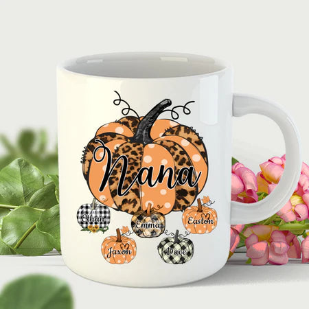 Personalized Coffee Mug Gifts For Grandma Nana Leopard Plaid Pumpkin Custom Grandkids Name Thanksgiving White Cup