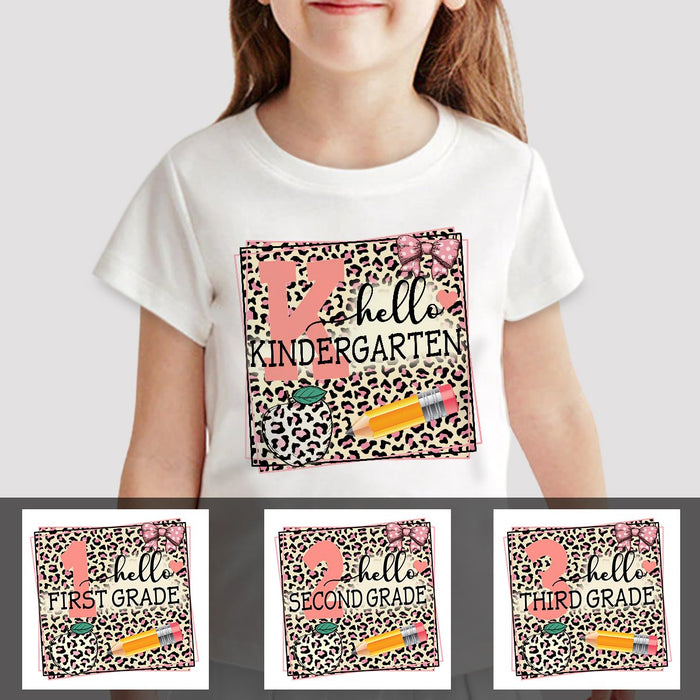 Personalized T-Shirt For Kids Hello Kindergarten Pencil Apple Leopard Design Custom Grade Level Back To School Outfit