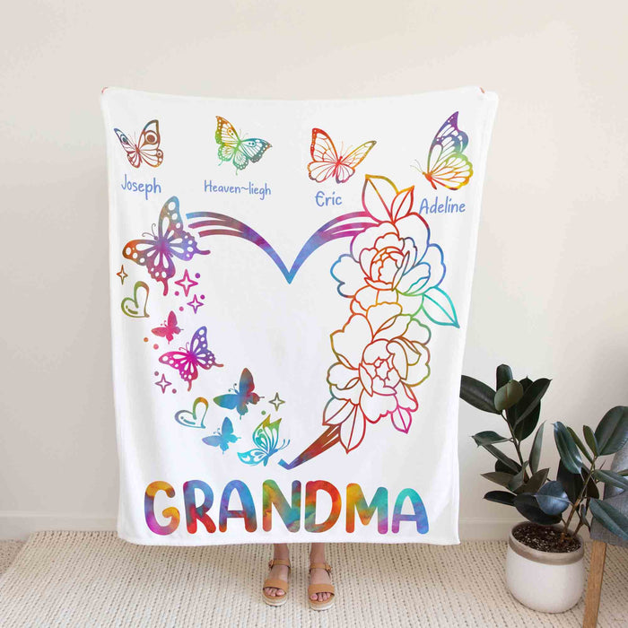 Personalized To My Grandma Blanket From Grandkids Flower Butterflies Colorful Printed Custom Name Gifts For Birthday