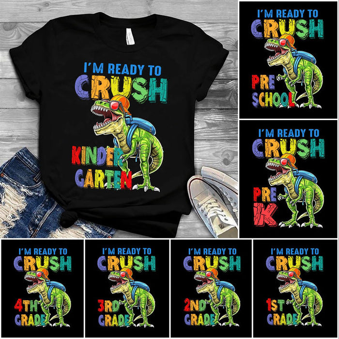 Personalized T-Shirt For Kids I'm Ready To Crush Kindergarten Dinosaur Printed Custom Grade Level Back To School Outfit