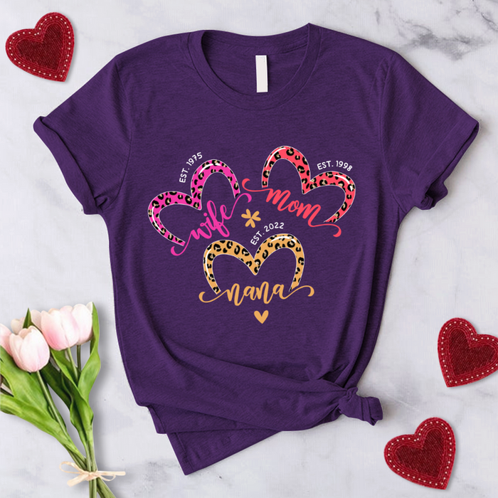 Personalized T-Shirt For Women Wife Mom Nana Est. Year Leopard Design Cute Heart & Flower Printed Custom Year