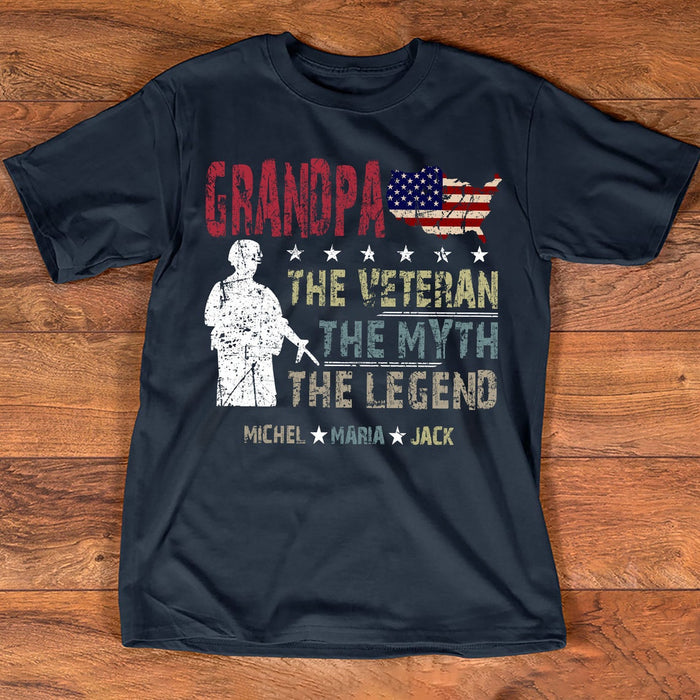 Personalized T-Shirt For Grandpa The Veteran The Myth The Legend Custom Grandkids Name US Flag Printed