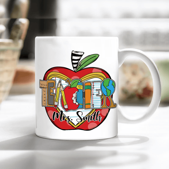 Personalized Coffee Mug For Teacher School Supplies Red Apple Custom Name Ceramic White Cup Gifts For Back To School