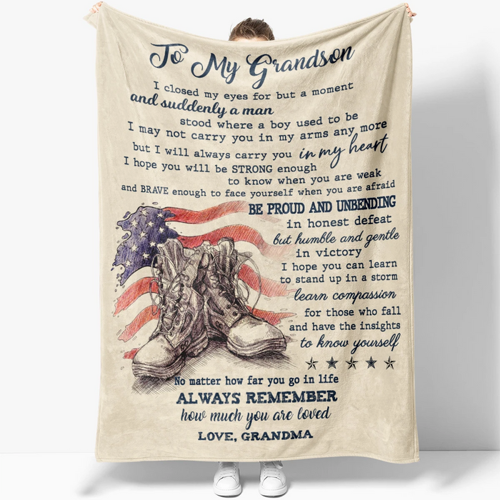 Personalized To My Grandson Blanket From Grandma I Close My Eyes For But A Moment US Flag & Military Shoes Printed