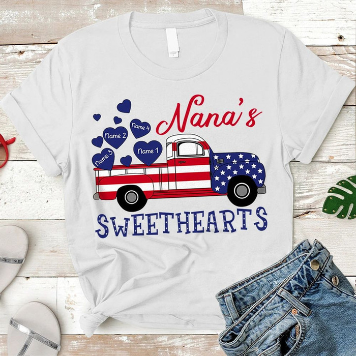 Personalized T-Shirt For Grandma Sweethearts Truck Print USA Flag Style Custom Grandkids Name 4th July Day Shirt