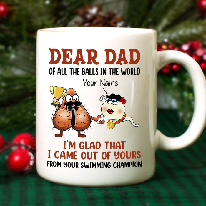 Personalized Funny Ceramic Mug For Dad Glad That I Came Cute Sack & Sperm Handshake Custom Kids Name 11 15oz Cup