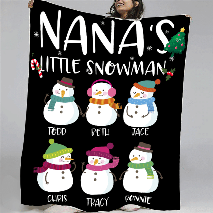 Personalized Blanket For Grandma Nana'S Little Snowmen Cute Snowman With Hat Snowflakes Printed Custom Grandkids Names