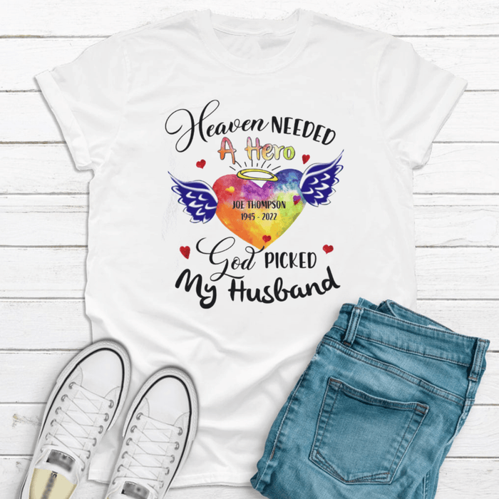 Personalized Memorial T-Shirt For Loss Of Loved Ones God Picked My Husband Angel Wings Custom Name Sympathy Gifts