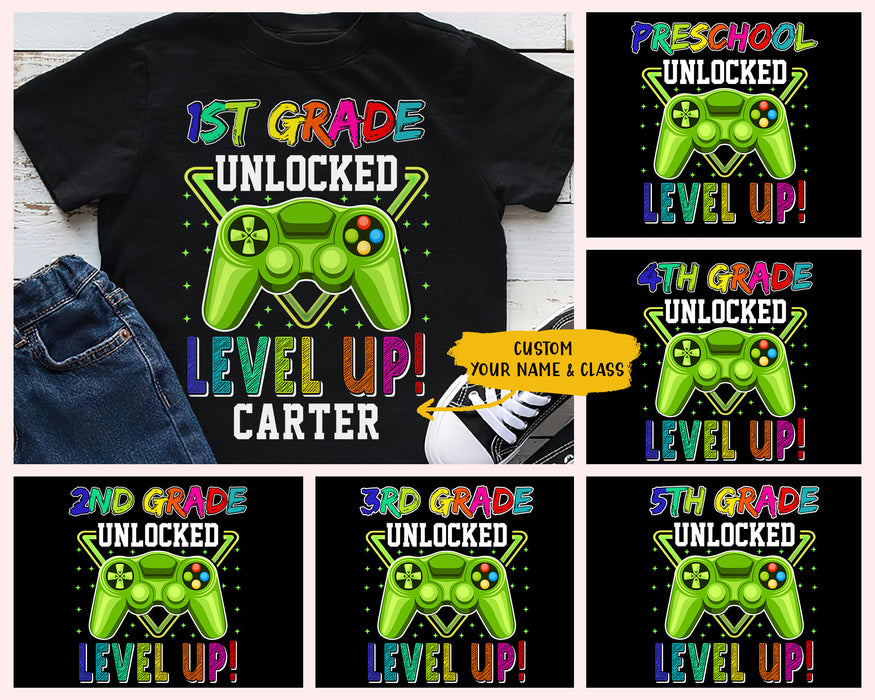 Personalized T-Shirt Gifts For Kids Game Lovers 1st Grade Unlocked Level Up Custom Name & Grade Back To School Outfit