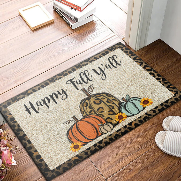 Welcome Doormat For Fall Lovers Happy Fall Y'all Cute Pumpkin & Sunflower Printed Leopard Design