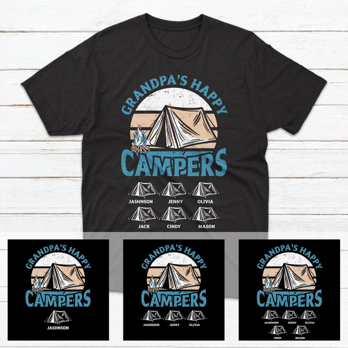 Personalized T-Shirt Grandpa'S Happy Campers Vintage Design With Campfire & Camp Printed Custom Grandkids Name