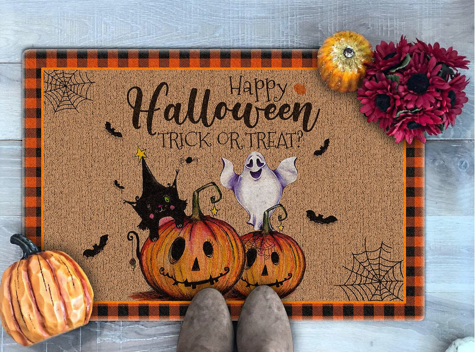 Welcome Doormat Happy Halloween Trick Or Treat Funny Pumpkin With Ghost & Black Cat Printed Plaid Design Funny Doormat