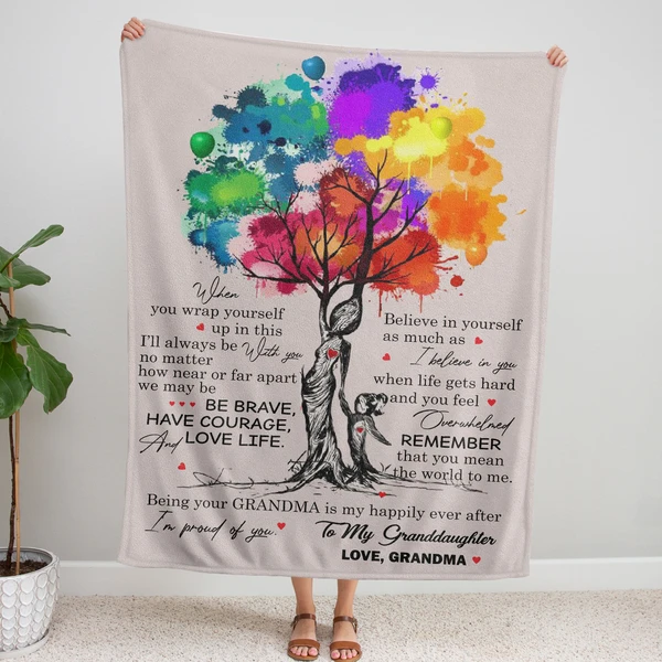 Personalized Rustic Fleece Blanket To My Granddaughter Watercolor Tree Print Customized Name Lovely Blankets