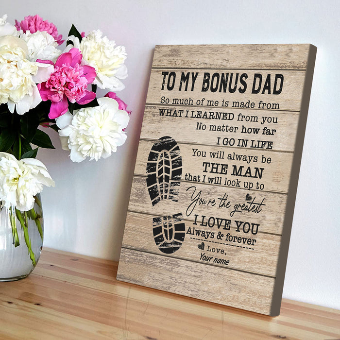 Personalized To My Bonus Dad Canvas Wall Art You Will Always Be The Man I Look Up Footprint Design Custom Name