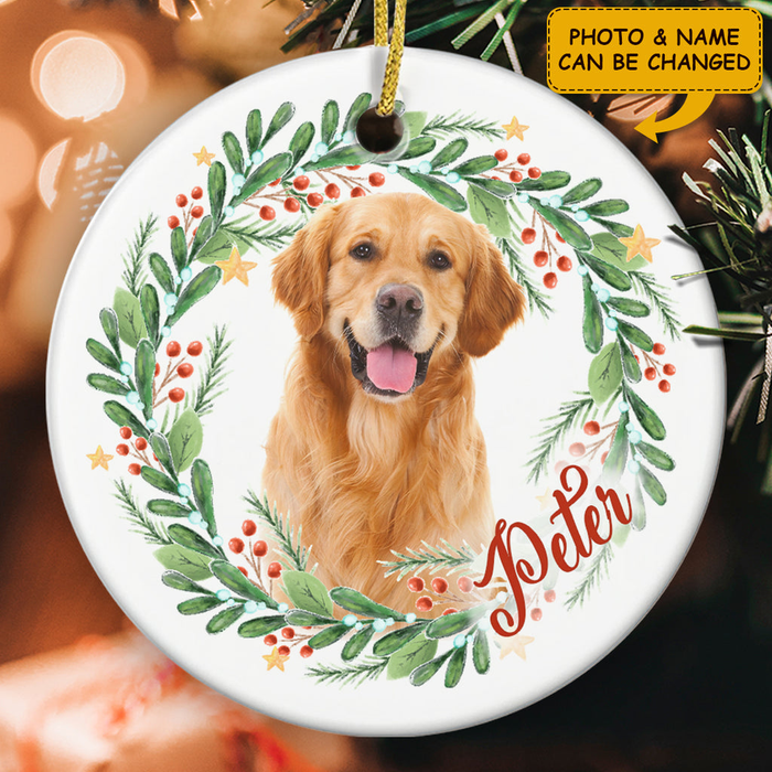 Personalized Ornament For Dog Lovers Wreath Leaves Holly Xmas Decor Custom Name Photo Tree Hanging Gifts For Christmas