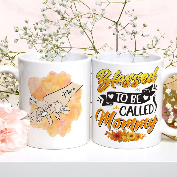 Personalized Ceramic Mug For Mom Hand Holding Autumn Theme Flower Print Custom Name 11 15oz White Coffee Cup