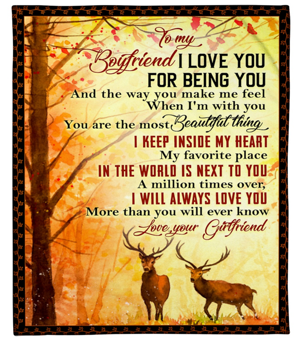 Personalized To My Boyfriend Fleece Blanket from Girlfriend Romantic Deer Couple Autumn The Forest with Customized Blanket Gifts Valentines Day Birthday Wedding