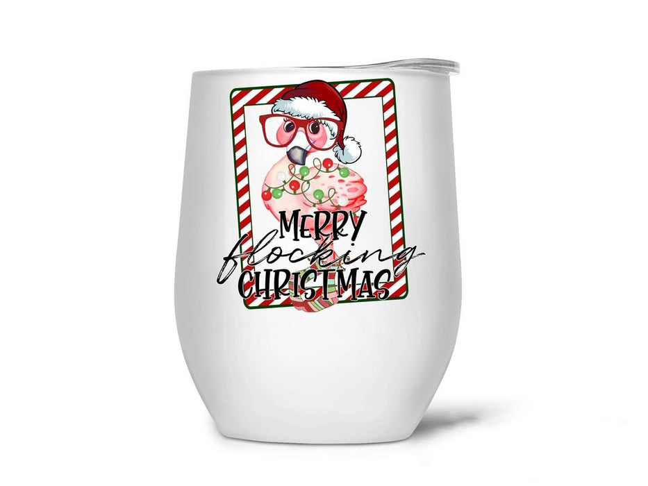 Merry Flocking Christmas Quotes Wine Tumbler With Lid 12Oz For Bestfriend Cute Noel Flamingo Art Cups