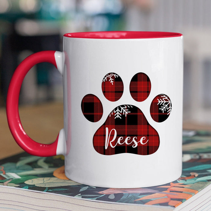 Personalized Coffee Mug Gifts For Dog Owners Red Plaid Buffalo Dog Paws Snowflake Custom Name Accent Cup For Birthday