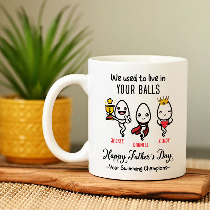 Personalized White Ceramic Mug For Dad Live In Your Balls Happy Father's Day Sperm Print Custom Kids Name 11 15oz Cup