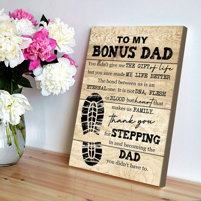 Personalized To My Bonus Dad Canvas Wall Art Thank You For Stepping In Vintage Footprint Design Custom Name