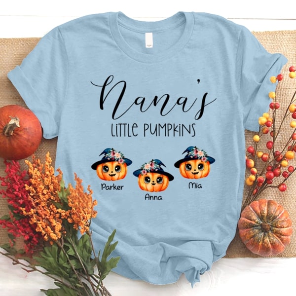 Personalized T-Shirt For Grandma Nana's Little Pumpkins Cute Pumpkin With Floral Hat Printed Custom Grandkids Name