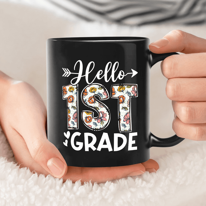 Personalized Coffee Mug Gifts For Kids  1st Grade Floral Words Custom Grade Ceramic Black Cup For Back To School