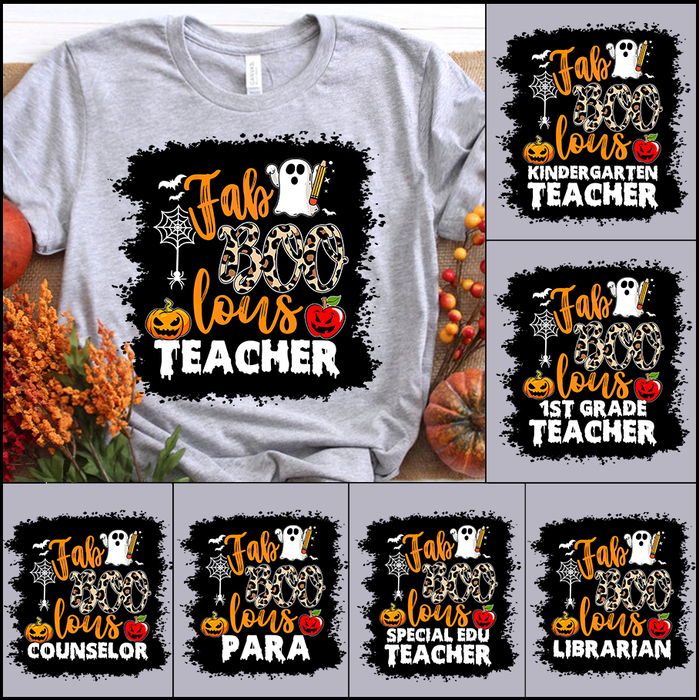 Personalized T-Shirt For Teacher Fab Boo Lous Teacher Halloween Leopard Design With Ghost Pumpkin Apple Custom Title
