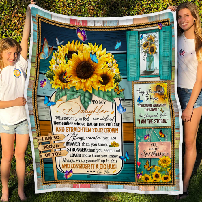 Personalized Rustic Wooden Blanket To My Daughter Sunflower & Butterfly Fleece Blanket Custom Name