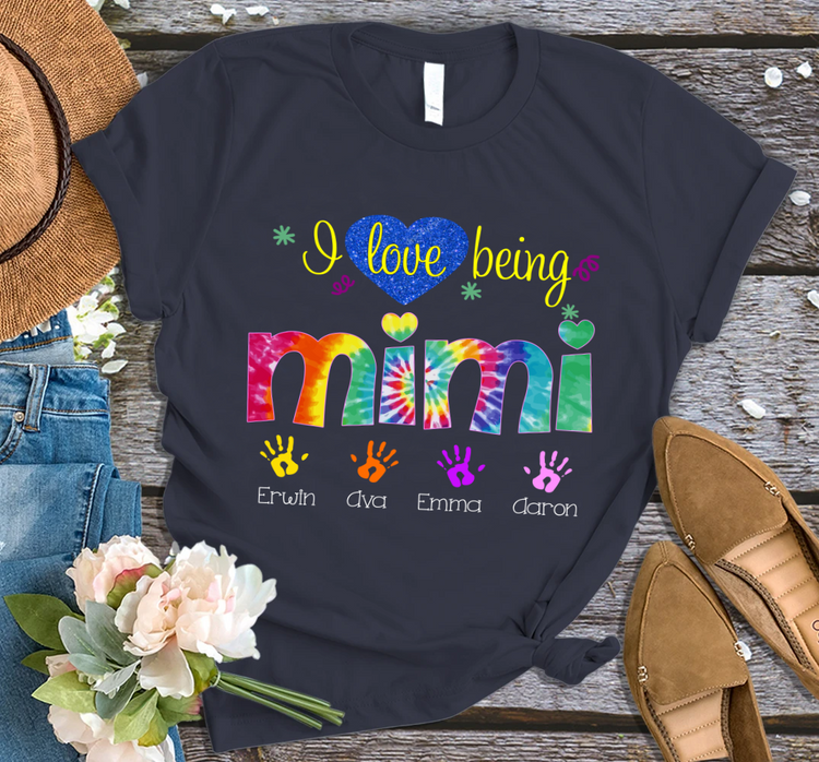 Personalized T-Shirt For Grandma I Love Being Mimi Tie Dye Design Colorful Handprints Printed Custom Grandkids Name