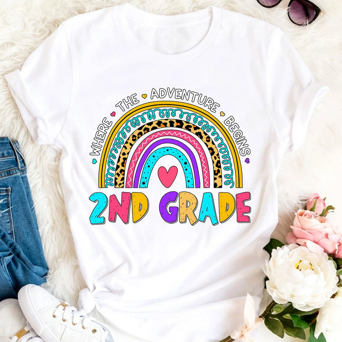 Personalized T-Shirt For Kids 2nd Where The Adventure Begins Leopard Rainbow Heart Printed Custom Grade Level