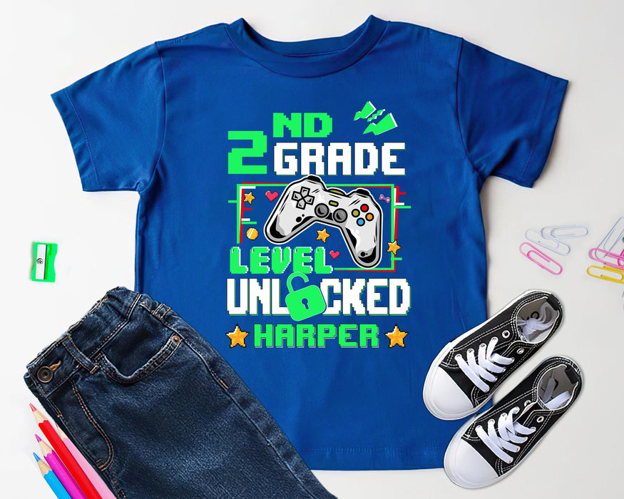 Personalized T-Shirt Gifts For Kids 2nd Grade Level Unlocked Game Lovers Custom Name & Grade Shirt Back To School Outfit