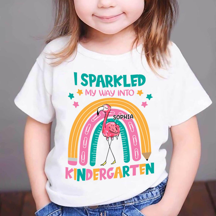 Personalized T-Shirt For Kids Sparkled My Way Into Kindergarten Colorful Design Rainbow & Flamingo Print Custom Name