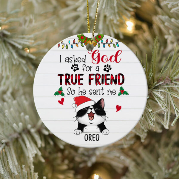 Personalized Ornament For Cat Lovers I Asked God For A True Friend Plaid Custom Name Tree Hanging Gifts For Christmas