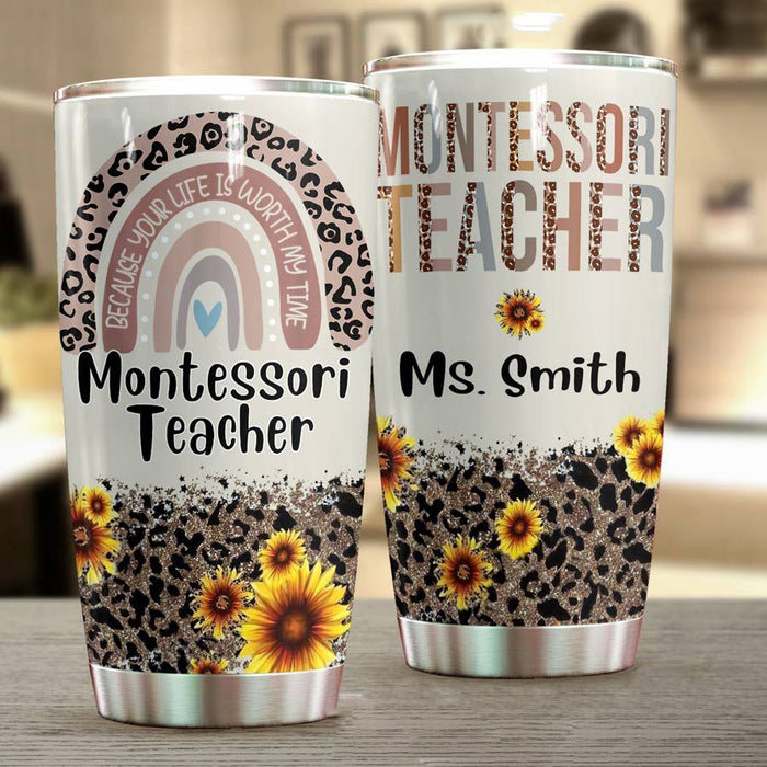 Personalized Travel Cup For Teacher Montessori Teacher Sunflowers Rainbow 20oz Tumbler Custom Name Back To School Gifts