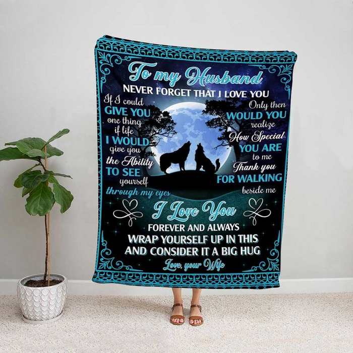 Personalized Sherpa Blanket To My Husband For Valentine Romantic Wolf Couple & Moon Fleece Blankets Custom Name