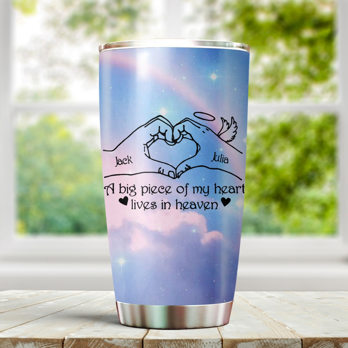 Personalized Memorial Tumbler For Loss Of Wife Husband Big Piece Of Heart Lives In Heaven Custom Name Travel Cup