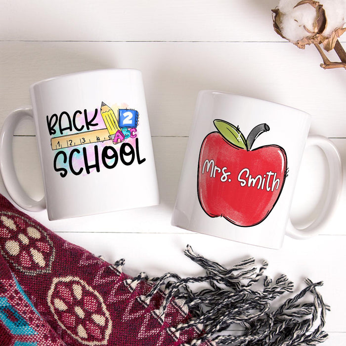 Personalized Ceramic Coffee Mug For Teacher School Stationary & Apple Print Custom Name 11 15oz Back To School Cup