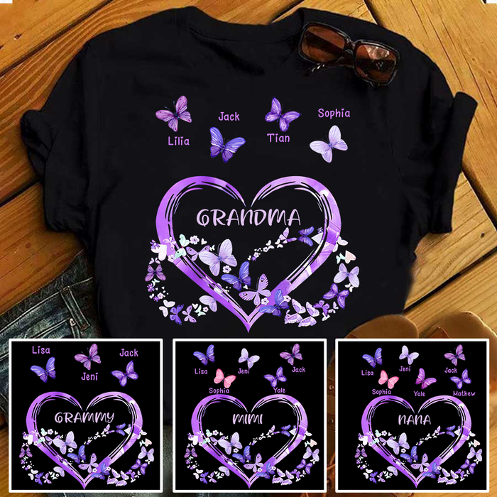 Personalized T-Shirt For Mom Grandma Heart & Infinity Symbol With Butterfly Printed Custom Grandkids Name