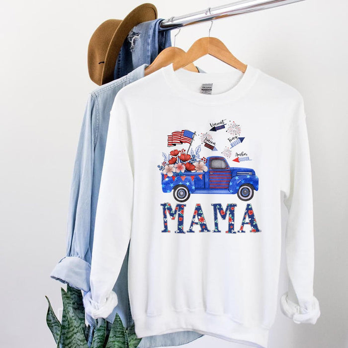 Personalized T-Shirt For Women Mama Custom Kids Name Floral Truck US Flag Printed Custom Kids Name