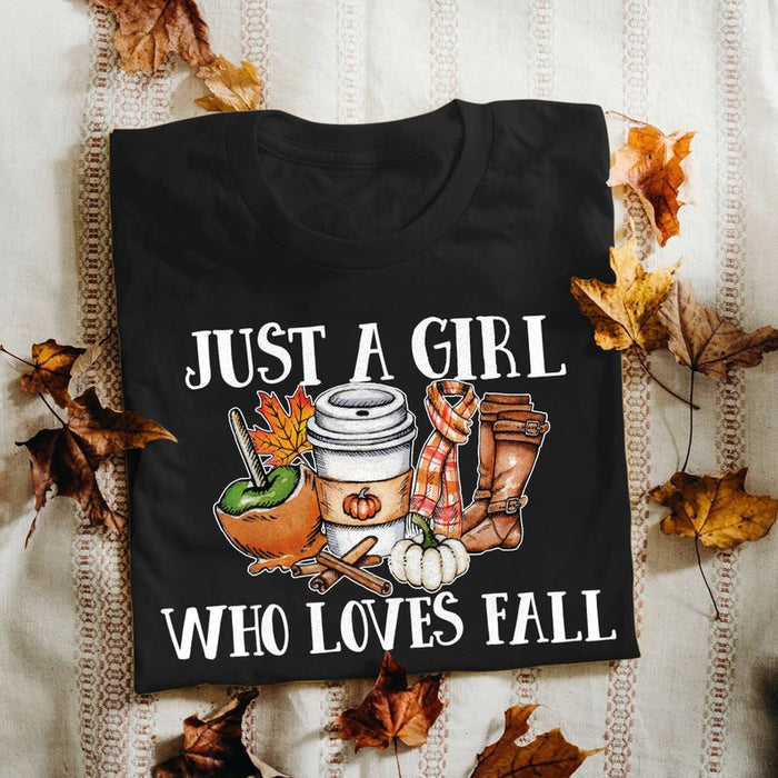 Classic T-Shirt For Women Just A Girl Who Loves Fall Pumpkin Spice With Boots Scarf & Maple Leaf Print Fall Shirt