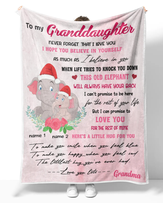 Personalized Pink Fleece Blanket To My Granddaughter Cute Santa Elephants Hug Design Prints Custom Name Throws