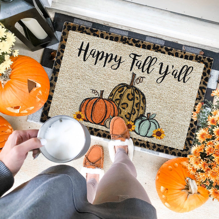 Welcome Doormat For Fall Lovers Happy Fall Y'all Cute Pumpkin & Sunflower Printed Leopard Design