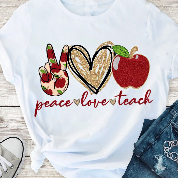 Classic T-Shirt For Teacher Peace Love Teach Apple Hand Sign Heart Printed Back To School Outfit Teacher Appreciation