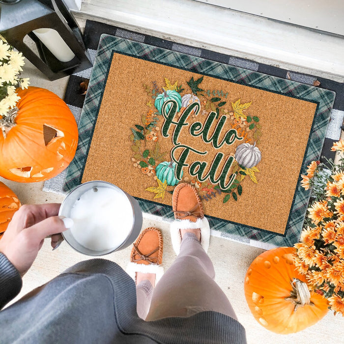 Welcome Doormat For Fall Lovers Hello Fall Circle Of Leaves Pumpkin Printed Plaid Design Thanksgiving Doormat