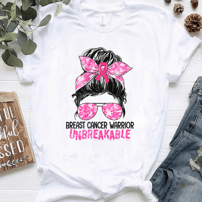 Breast Cancer Awareness T-Shirt For Girl Women Messy Bun Pink Ribbon Shirt For Cancer Support Inspirational Gifts