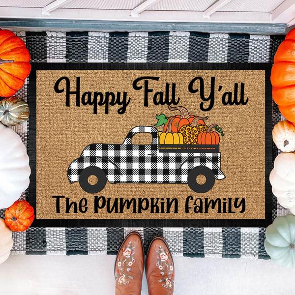 Personalized Welcome Doormat For Fall Lovers Happy Fall Y'all Cute Pumpkin Truck Plaid Design Custom Family Name